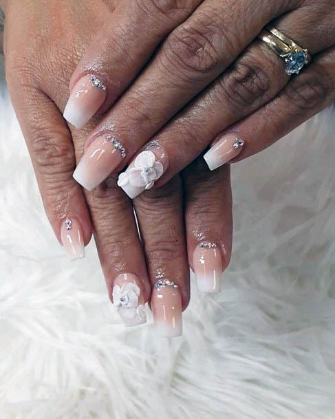 3D White Ombre Nails With Flowers For Women
