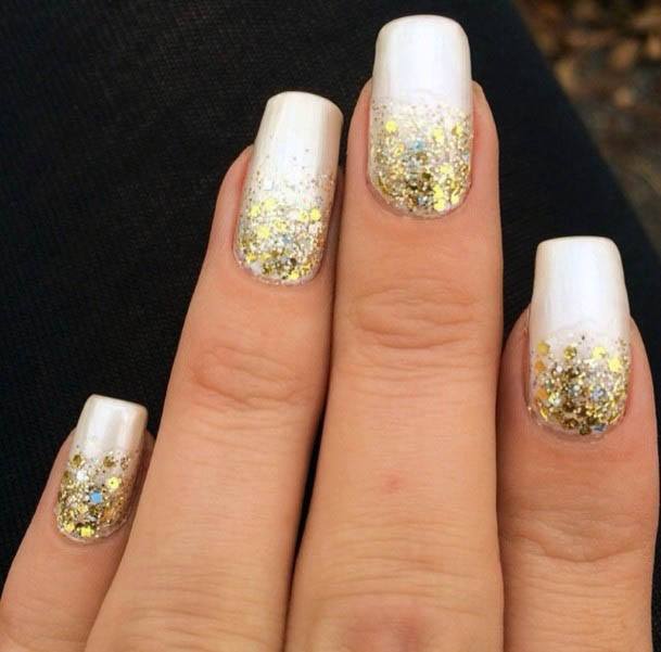Golden Sparkles On White Ombre Nails Women