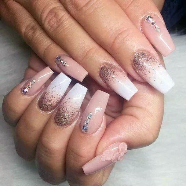 Embossed Pink Flower White Ombre Nails Women