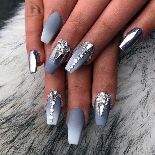 Greyish White Ombre Nails With Stones Women