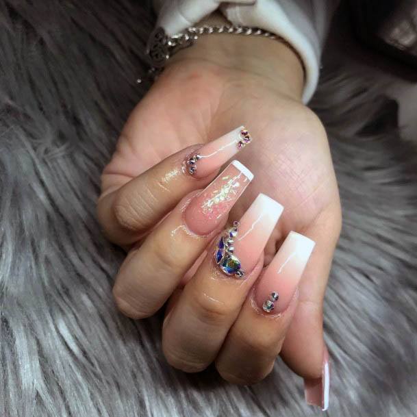 Salmon Pink And White Ombre Nails Women With Diamonds