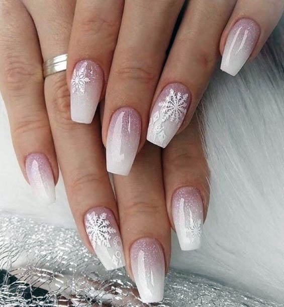 Snow Flakes On White Ombre Nails For Women