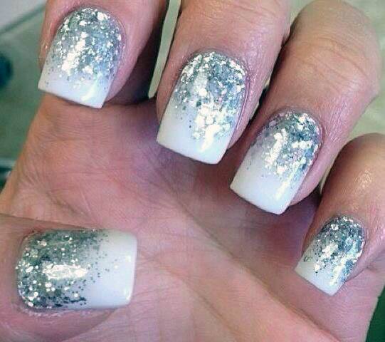 Silver Sparkles On White Ombre Nails Women