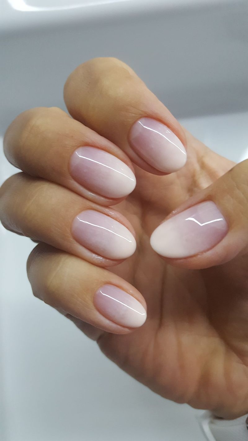 milky white and pink almond shape nails