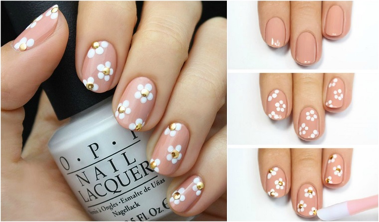 Nails art con fiorellini bianchi, unghie da sposa, smalto base rosa di OPI, manicure forma arrotonda di media lunghezza 