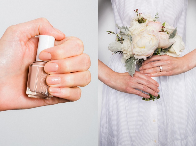 Idea per delle unghie semplici ma belle, smalto colore nude, bouquet sposa fiori bianchi 