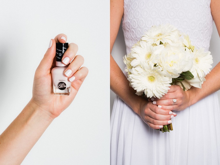 Idea per delle unghie da sposa colore nude, abbinamento manicure al bouquet di fiori 