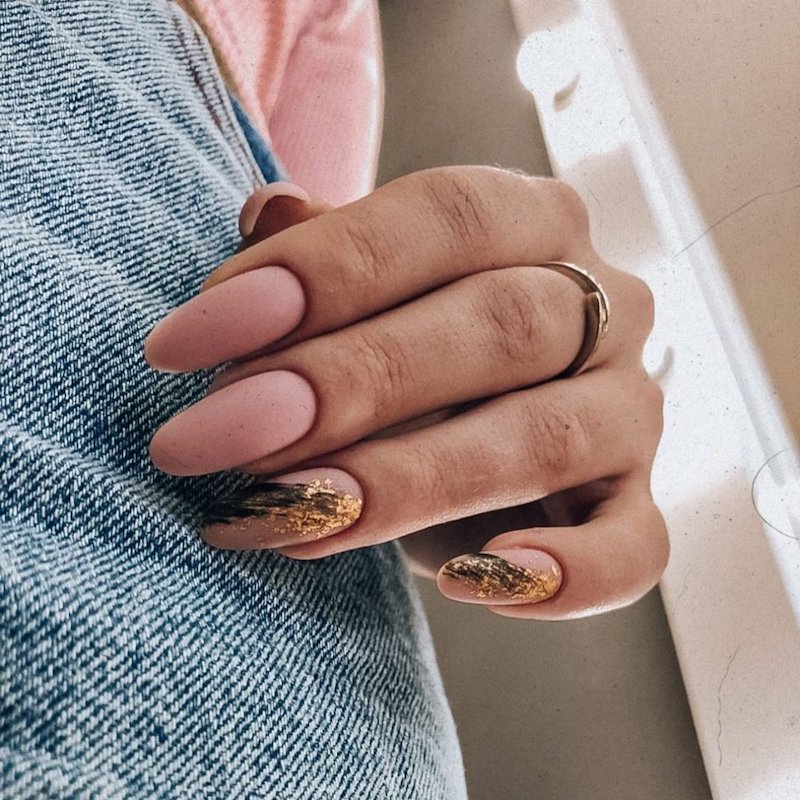 almond manicure pink matte nail polish