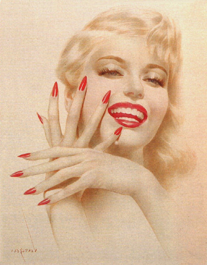 unghie-a-stiletto-acconciature-anni-50-colore-rosso-rossetto-stessa-tonalità-donna-capelli-biondi