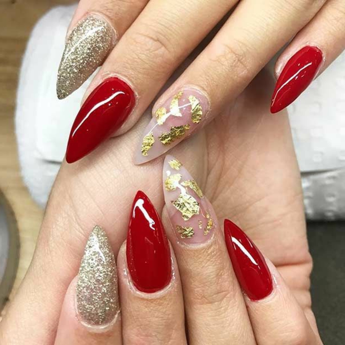 accent-nail-unghie-a-punta-smalto-rosso-ultra-luminoso-glitter-tre-idee-decorazione