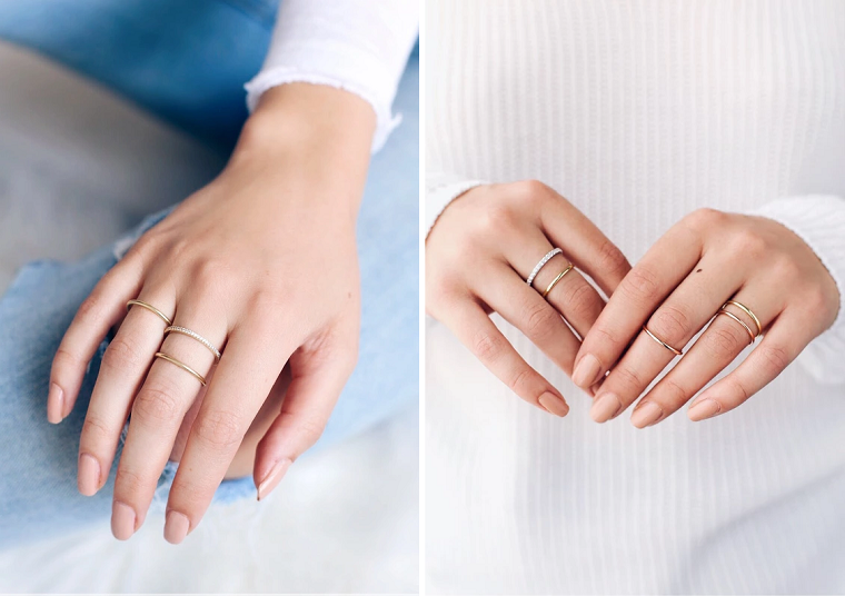 Forme unghie gel, smalto per unghie colore beige, anelli in oro per donna, manicure forma arrotondata