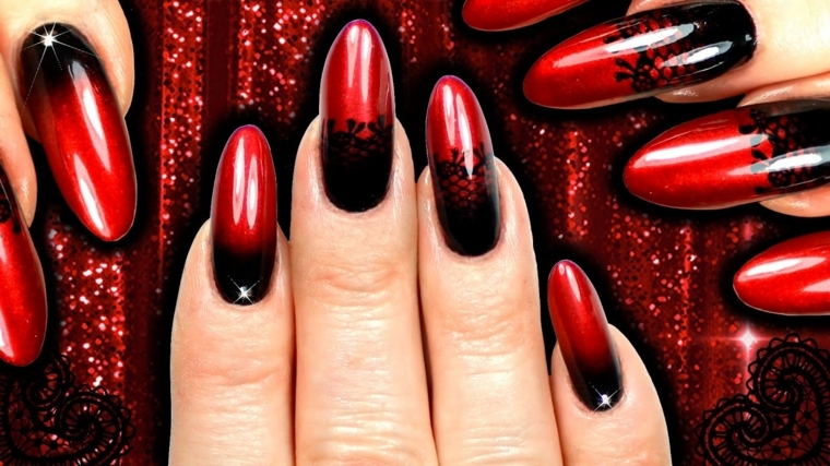 manicure in stile burlesque con smalti rossi e neri ideale per serate speciali