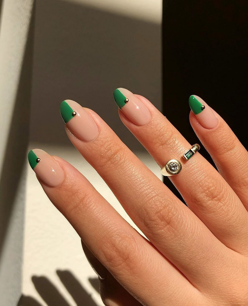 almond nails green nude nail polish